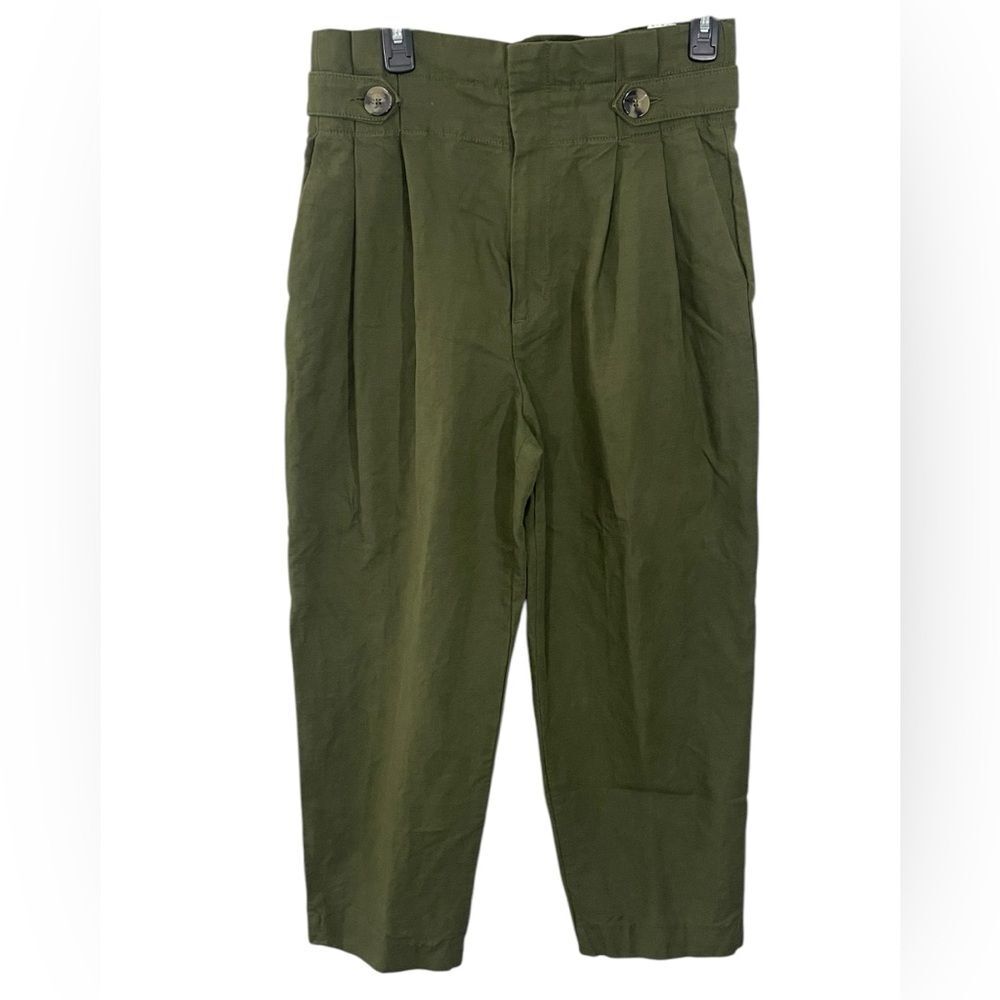 Zara Paperbag Waist Linen Blend‎ Barrel Leg Pants Size MEDIUM Army Olive Green